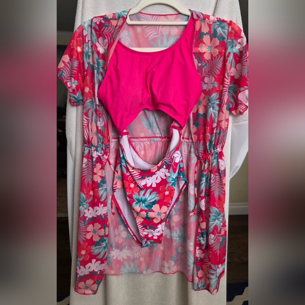 SHEIN Pink Floral Kids Swim Bikini Set